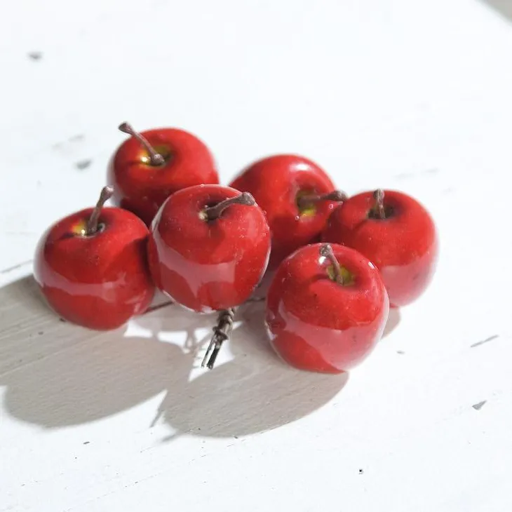 6 mini-pommes décoratives rouges Ø 3,5 cm sur fil de fer - 7 x 7 x 9 cm