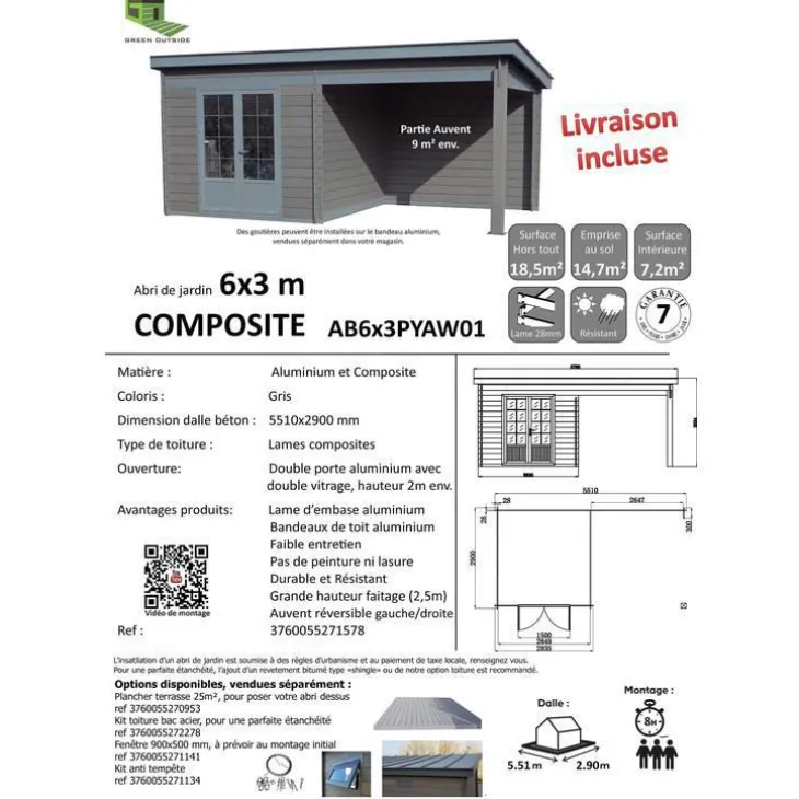 Abri de jardin composite Cannes 18,5 m²