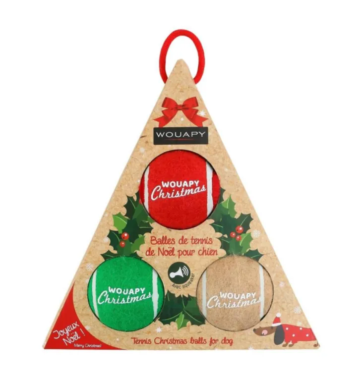 Balles de tennis de Noël pour chien avec squeaker coloris multicolore Wouapy - coffret de 3 jouets