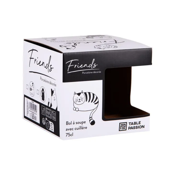 Bol à soupe en porcelaine blanche à motifs chats noirs Friends - 75 cl