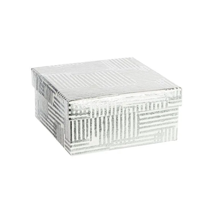 Boîte carrée en papier métallisé argent à motifs rayures - 16,5 x 7,5 cm