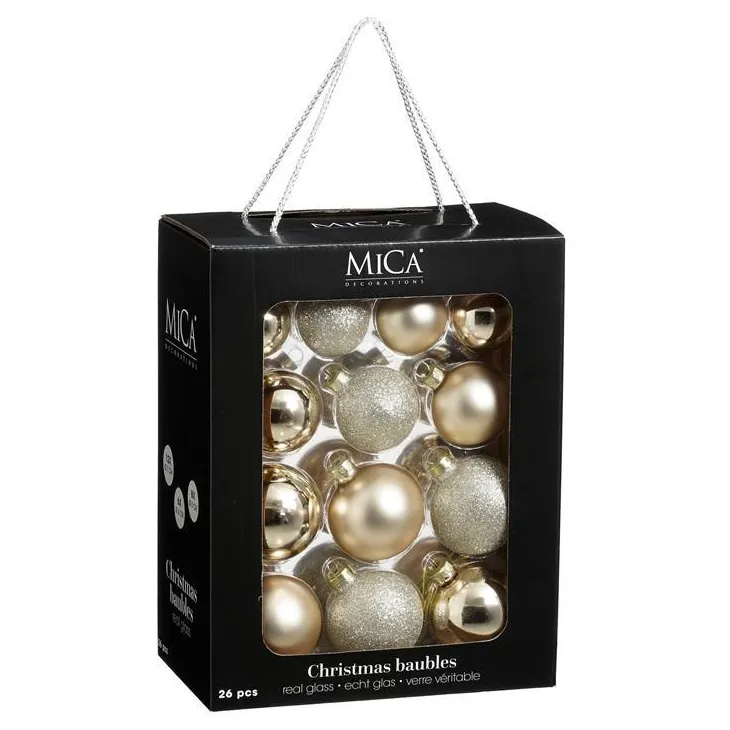 Boîte de 26 boules de Noël en verre crème - Ø 7 cm