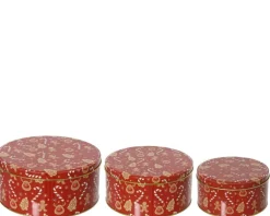 Boîte ronde en métal rouge à motif décorations de Noël petit modèle - Ø 13,5 x H 7 cm