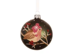 Boule en verre finition mate vert pin avec oiseau sur branche - Ø 8 cm