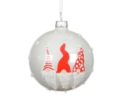 Boule en verre émaillée blanc d’hiver avec décor gnome rouge - Ø 8 cm