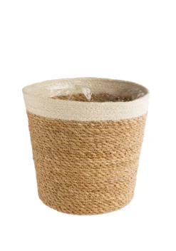 Cache-pot vannerie naturelle avec rebord blanc coloris beige - 20,5 x 19,5 x 16 cm