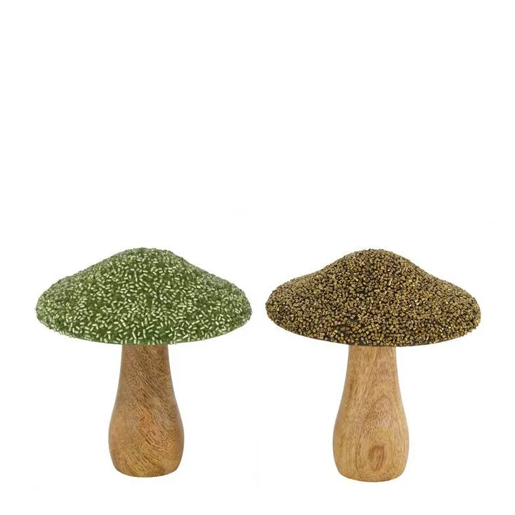 Champignon en bois de manguier avec chapeau en perles - Ø 13 x 15 cm
