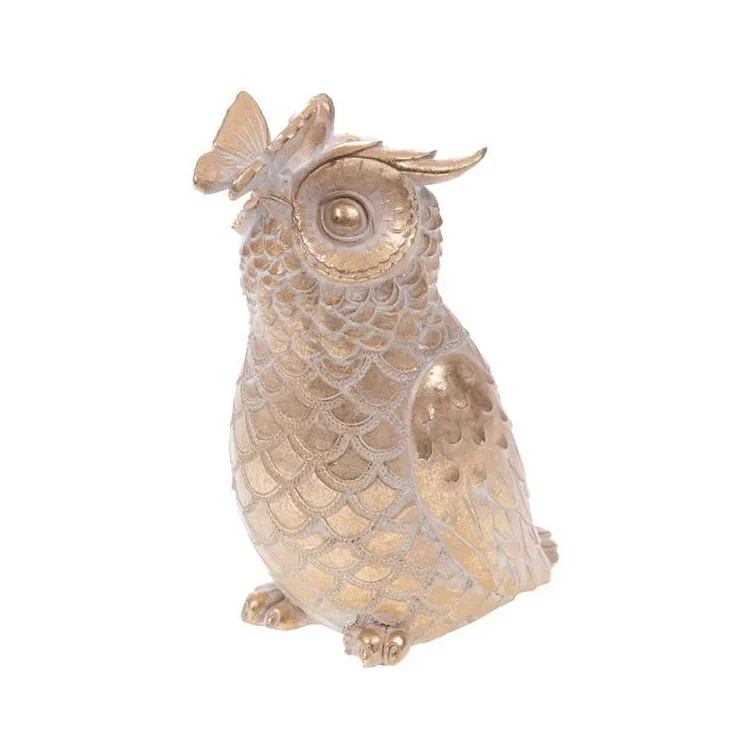 Chouette enchantée avec papillon en tissu beige doré - 16 x 20 x 10 cm
