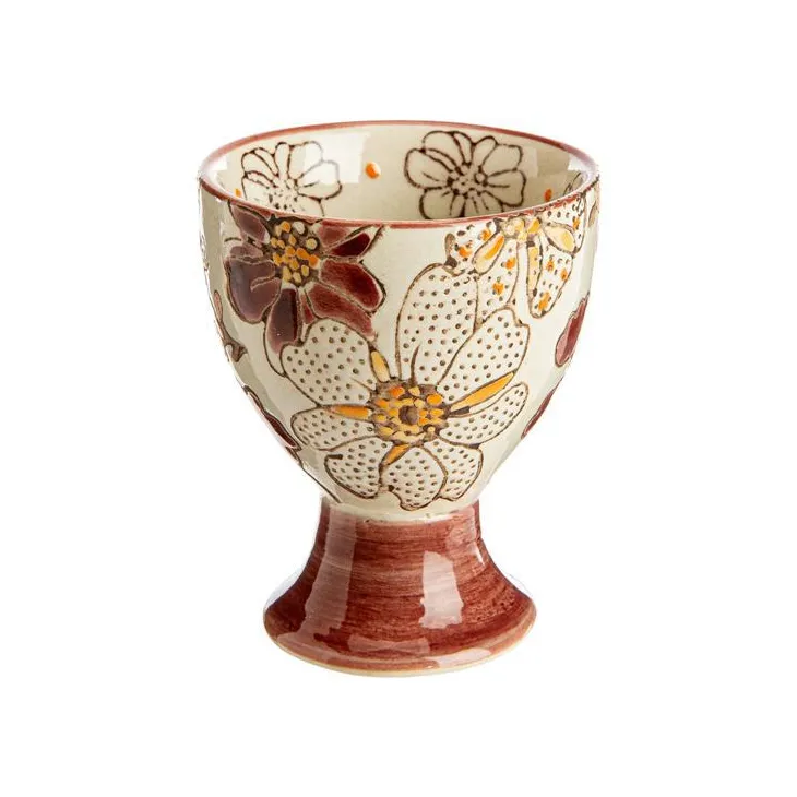 Coffret 4 coquetiers en grès beige à fleur pourpre Kiyo - Ø 6 x H 5 cm