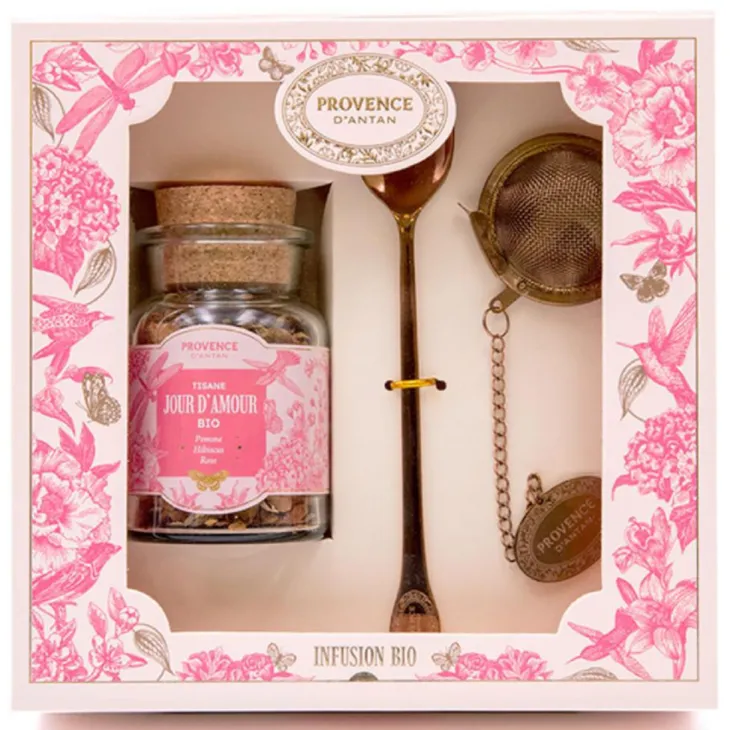Coffret tisane jour d’amour bio avec boule à infusion et cuillère Provence d’antan - 45 g