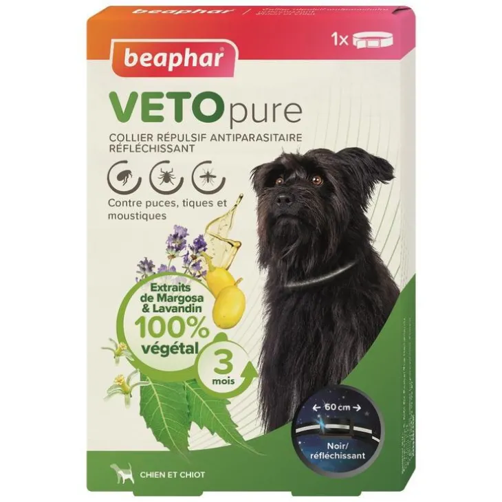 Collier répulsif antiparasitaire réfléchissant pour le chiot et le chien coloris noir VETOpure Beaphar – 60 cm