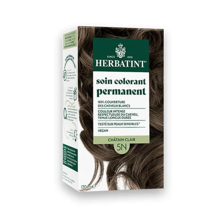 Coloration permanente pour cheveux châtain clair 5N aux extraits végétaux biologiques vegan Herbatint - 170 ml