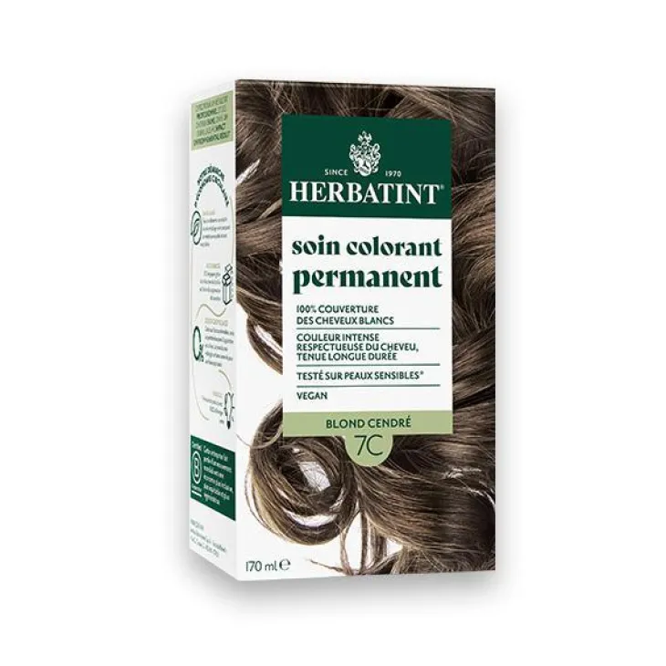 Coloration permanente pour cheveux blond cendré 7C aux extraits végétaux biologiques vegan Herbatint - 170 ml