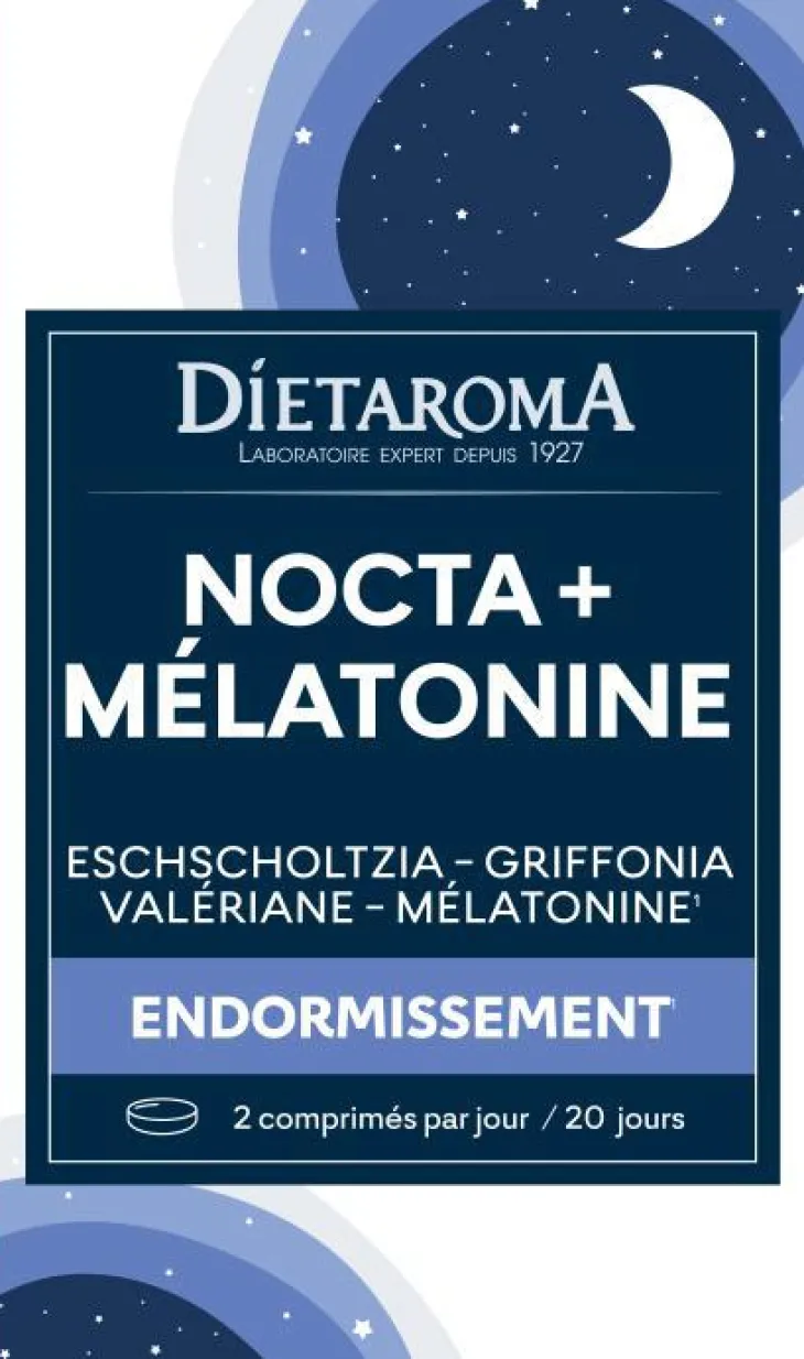Complément alimentaire eschscholtzia, griffonia, valériane, mélatonine endormissement nocta + mélatonine Dietaroma - 40 comprimés