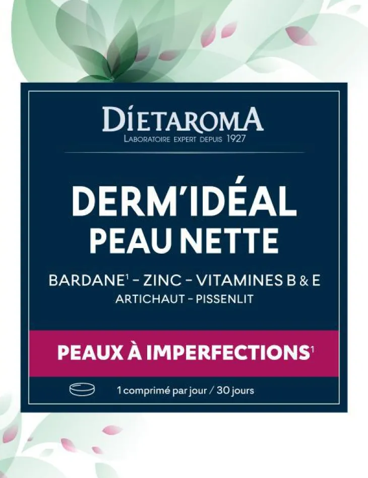 Complément alimentaire zinc, bardane peau nette Dietaroma Dermidéal - 30 comprimés