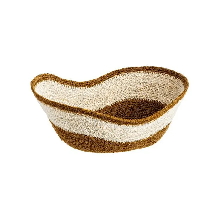 Corbeille ovale forme vague en osier blanc et marron - 28 x 23 x 11 cm