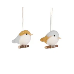 Décoration à suspendre oiseau jaune et gris en laine - 7 x 9 x 7 cm
