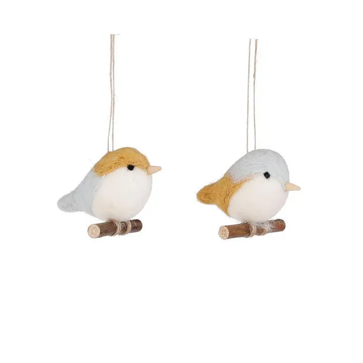 Décoration à suspendre oiseau jaune et gris en laine - 7 x 9 x 7 cm