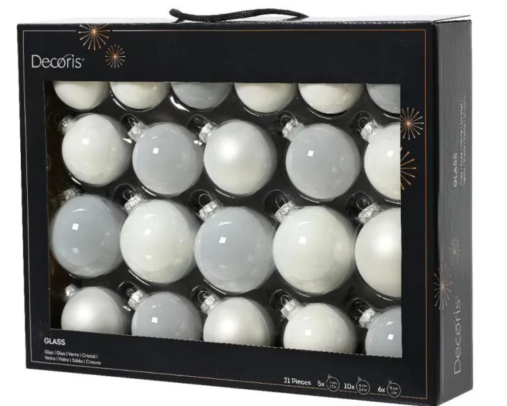 Ensemble de 21 boules en verre émaillé et mat blanc d’hiver - Ø 7 cm