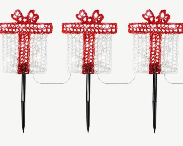 Ensemble de 3 piques solaires forme cadeaux rouges à 30 LED blanc froid pour extérieur - 1 m
