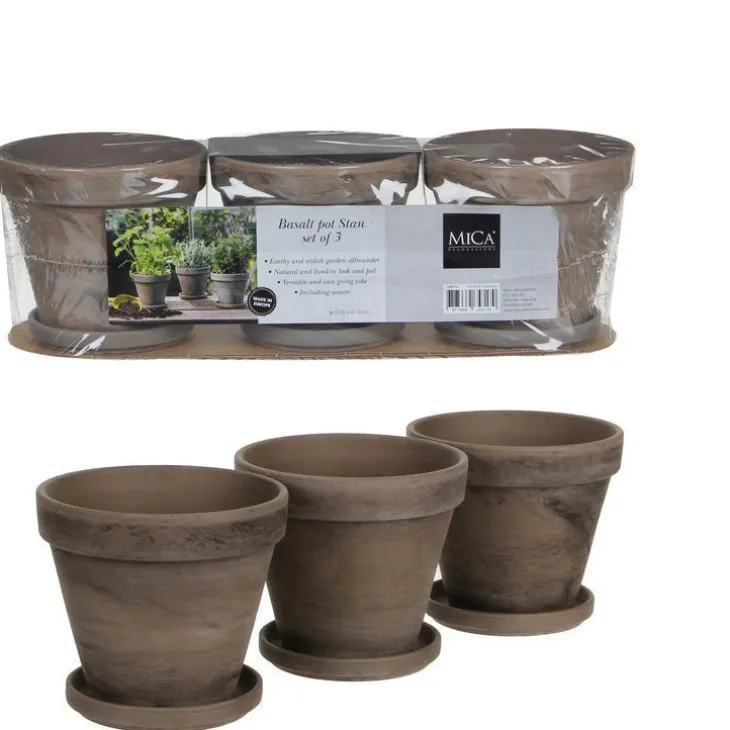 Ensemble de 3 pots en terre cuite gris basalt avec soucoupe Stan - Ø 13,5 x H 12 cm
