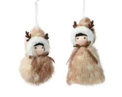 Esquimau en polyester brun avec manteau à capuche en fourrure beige et bois de renne - 15 x 10 x 5 cm