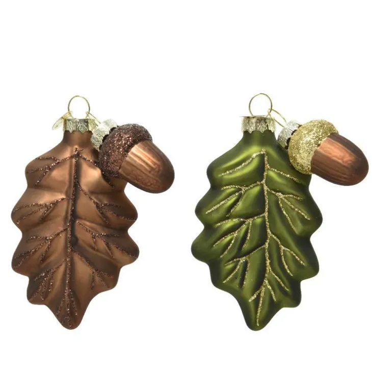 Feuille avec gland en verre vert et brun 7x2x10,5 cm