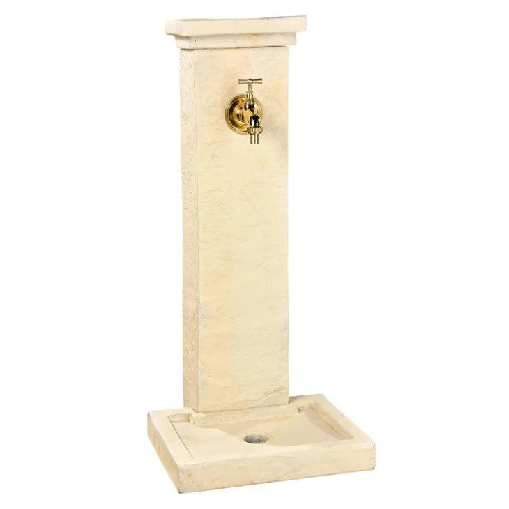 Fontaine borne à colonne carrée en pierre reconstituée imitation schiste beige Hairie Grandon - 82,5 cm