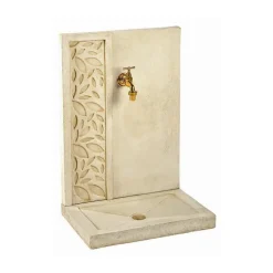Fontaine murale décor feuilles en pierre reconstituée ton pierre Hairie Grandon - 70 cm