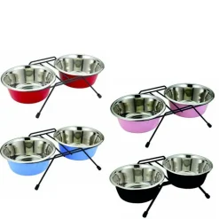 Gamelle double pour chien diner set en 8 – 2 x 950 ml (livrée aléatoirement parmi 4 coloris)