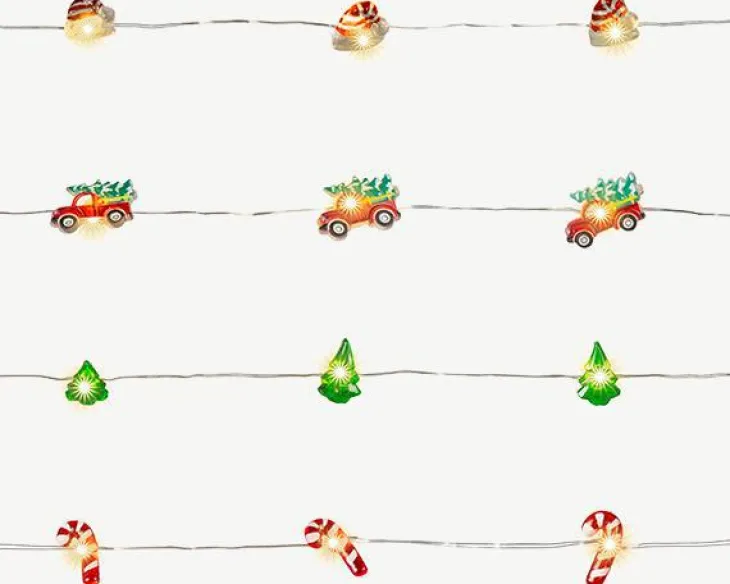 Guirlande lumineuse avec motif coloré de Noël à 20 micro-LED blanc chaud et câble argent sur piles - 1,90 m