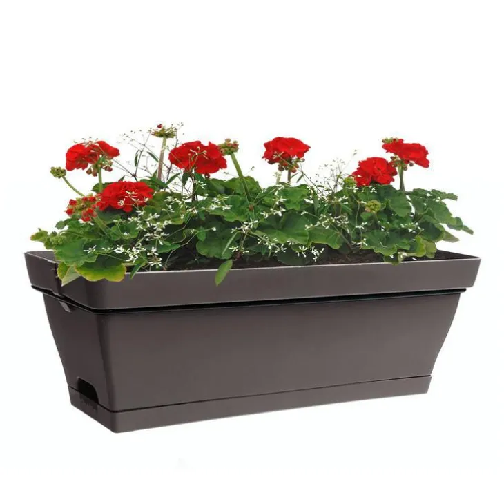 Jardinière en plastique taupe avec soucoupe clipsée et support Eda Poetic Roméo – 49 x 28 x 19 cm