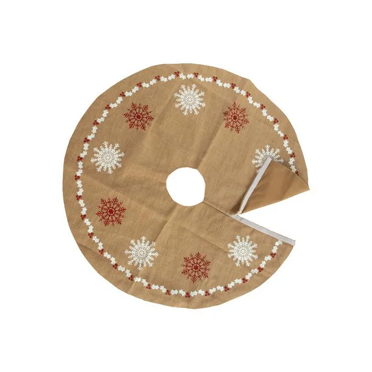 Jupe de sapin en jute beige décor flocons rouges et blancs - Ø 120 cm