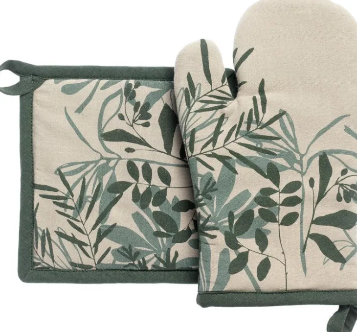 Lot gant et manique en coton motif végétal vert Majda - 18 x 28 cm