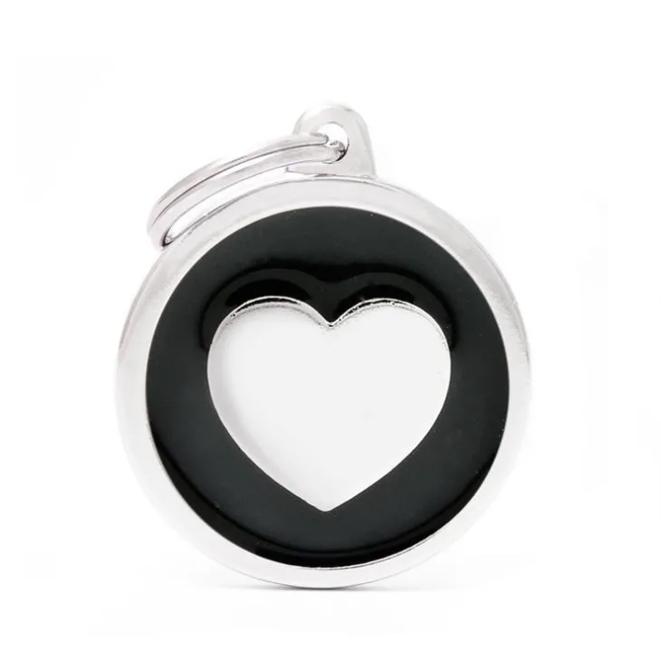 Médaille classic grand cercle cœur noir pour chien en acier