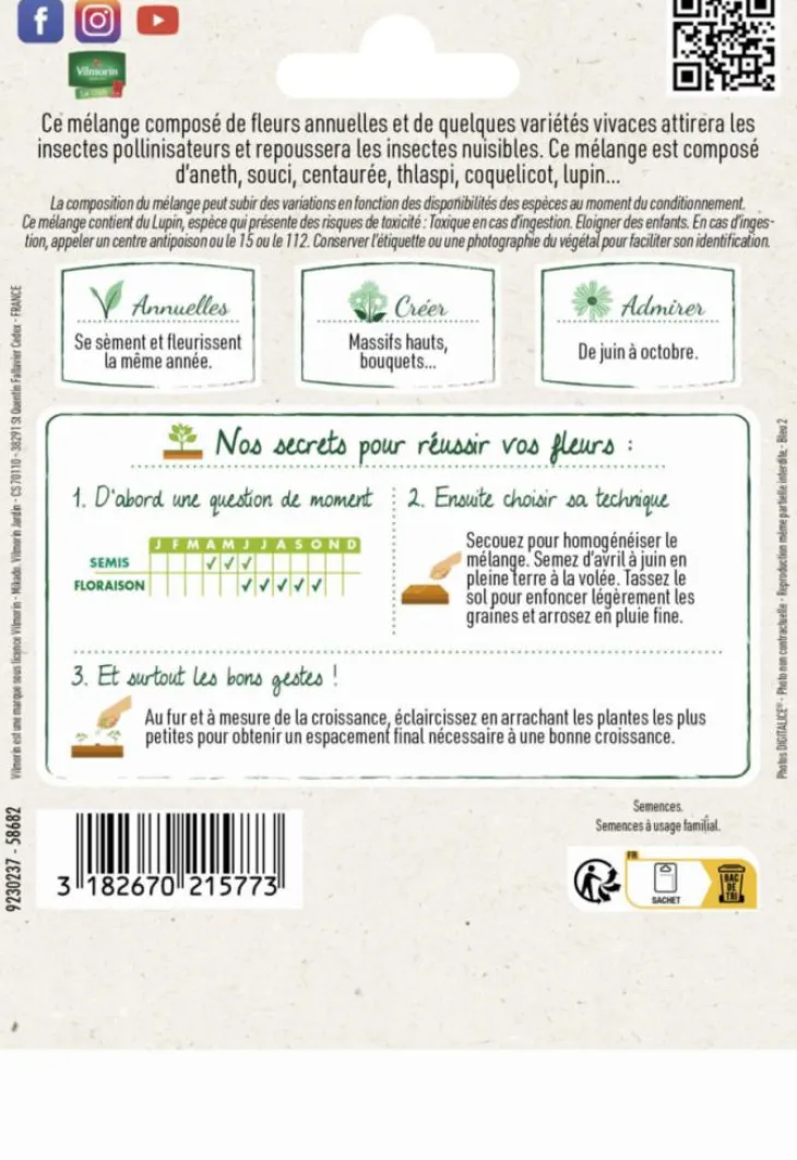 Mélange de fleurs utiles au potager Vilmorin - graines à semer pour 10 m² de surface