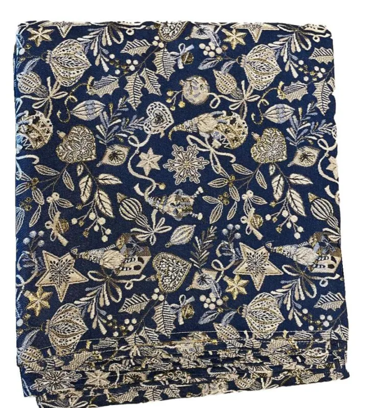 Nappe rectangulaire bleu Paon à motifs blancs en PE/coton Boréal - 150 x 300 cm