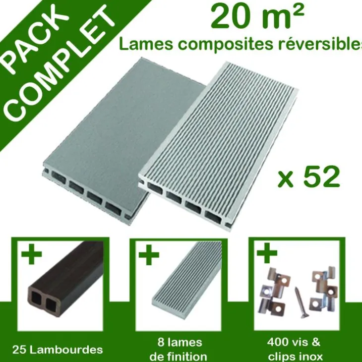 Pack complet terrasse composite gris 20 m2