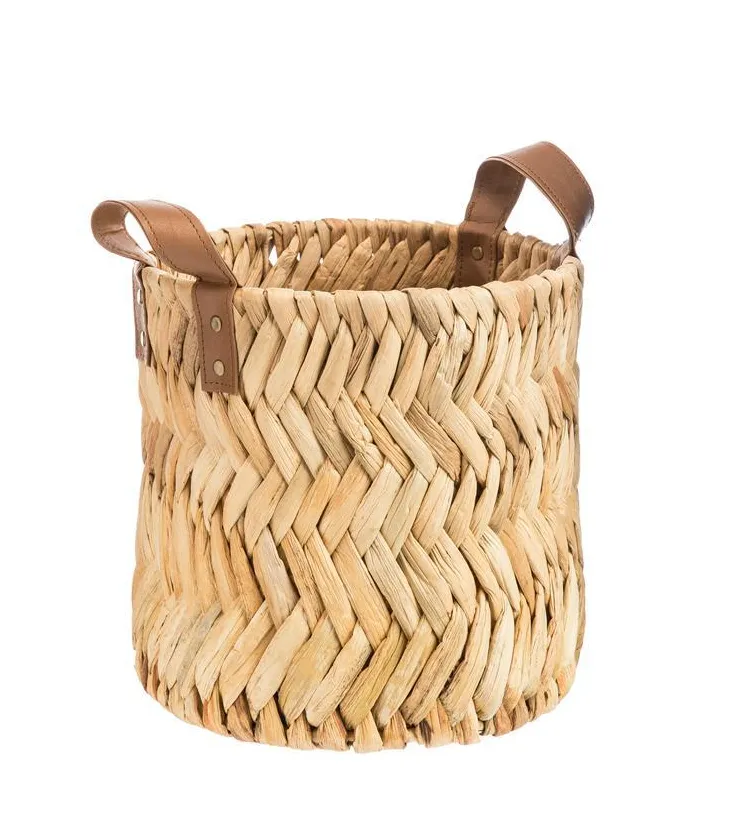 Panière décor zig zag avec anses coloris beige en jacinthe d'eau - 35 x 35 x 30 cm