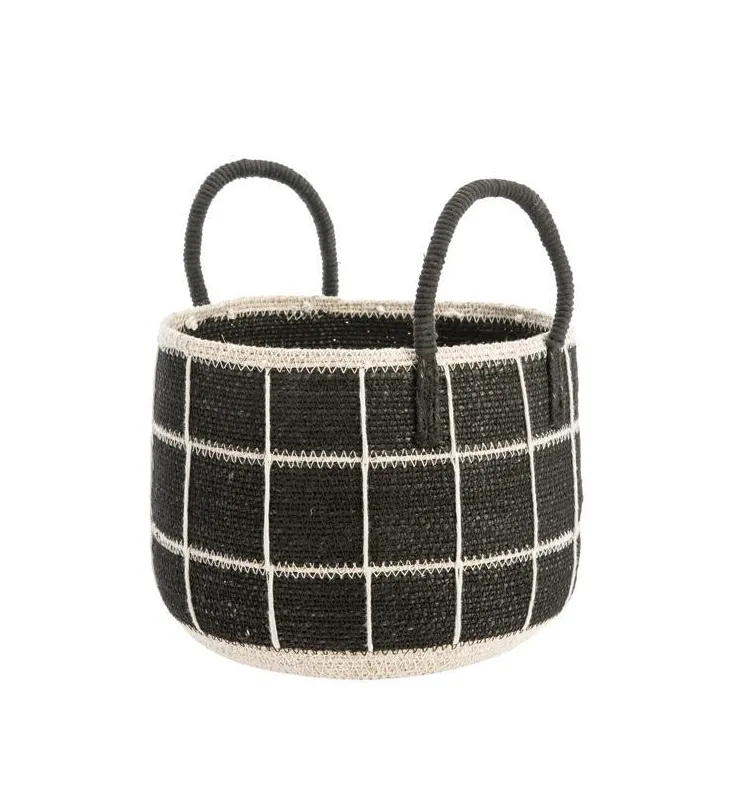 Panière de rangement ronde à carreaux coloris multicolore en osier - 26 x 26 x 30 cm