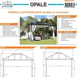 Pergola autoportante OPALE anthracite COULEURS DU MONDE - 3x3.60m
