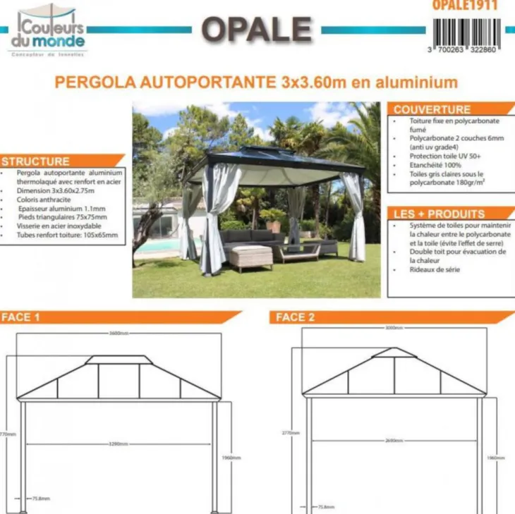 Pergola autoportante OPALE anthracite COULEURS DU MONDE - 3x3.60m