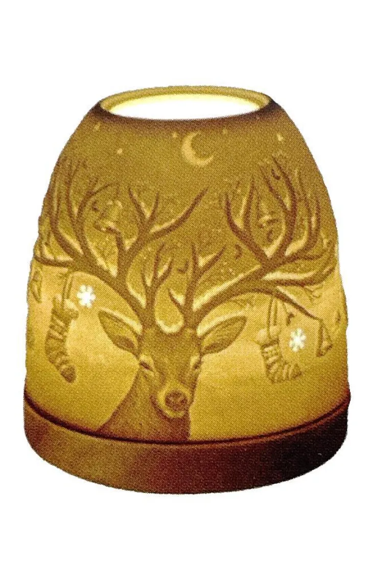 Photophore mini igloo en céramique blanche et socle bois motif cerf - Ø 9 x H 11 cm