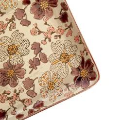 Plat à cake en grès  beige à fleur pourpre Kiyo - 36 x 16 cm