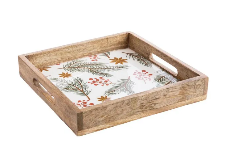 Plateau carré branche de sapin baies coloris vert en bois de manguier - 30 x 30 x 6 cm