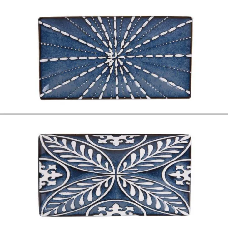 Plateau en porcelaine bleue à motifs blanc Makaha - 19 x 16 cm
