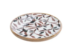 Plateau rond en bois de manguier marron avec décor émaillé feuillage d’automne multicolore – Ø 30 cm