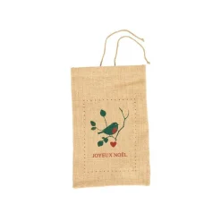Pochette cadeau en jute décor oiseau vert et rouge - 25 x 40 cm