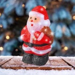 Père Noël rouge lumineux en acrylique à 30 LED blanc froid sur piles pour extérieur - 36 cm