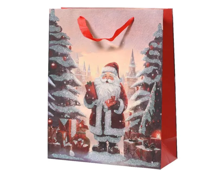 Sac cadeau décor Père Noël en papier FSC avec paillettes moyen modèle - 10 x 26 x 32 cm